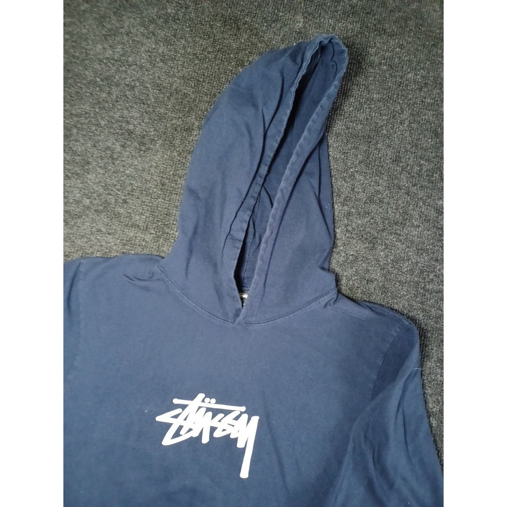 Stussy Spellout Navy Blue Lightweight Hoodie Sweatshirt Men's Size Meduim LS